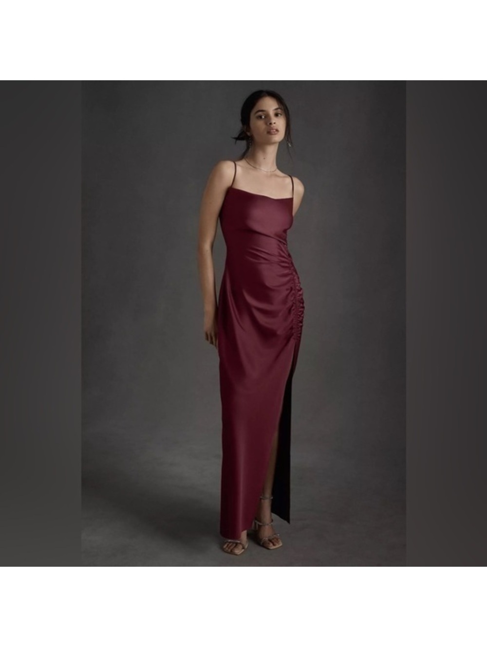 4 BHLDN Jennings Cowl Neck Ruched Side Slit Satin Gown in Dark Berry